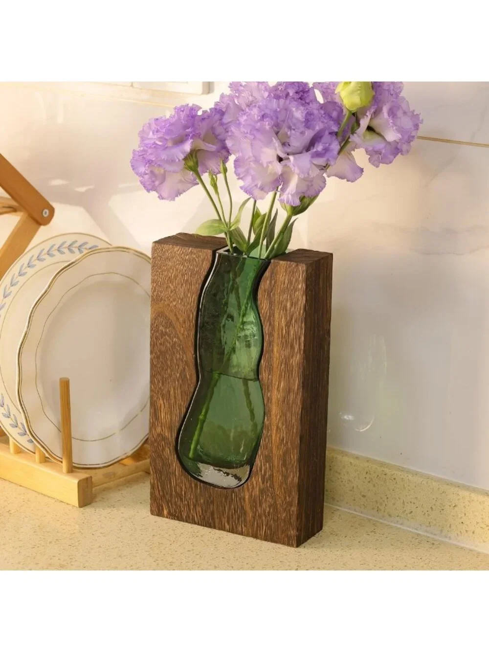 Rustic Wooden and Glass Inlay Flower Vase - Farmhouse Home Decor Centerpiece